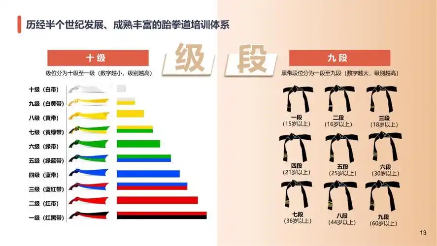 跆拳道等级共分为十级九段,可以从腰带颜色区分出来,在级位当中,十级