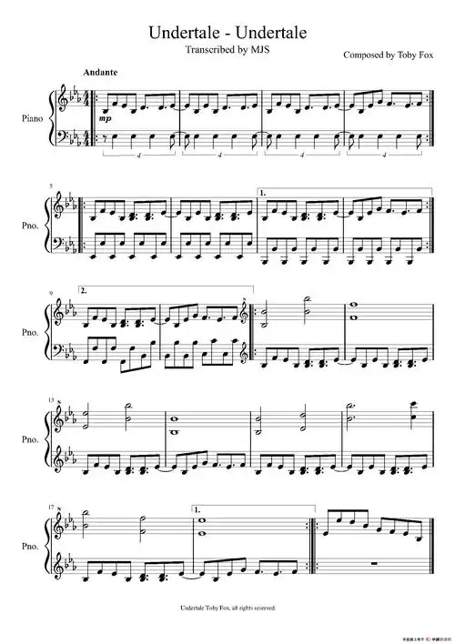 undertale - 钢琴谱 - 歌谱简谱大全