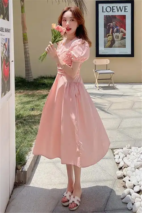 气质温柔粉色连衣裙女2021夏季法式复古高级感超仙泡泡袖公主长裙
