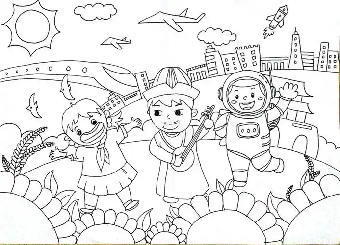 儿童画和谐社会线稿人物科技手绘