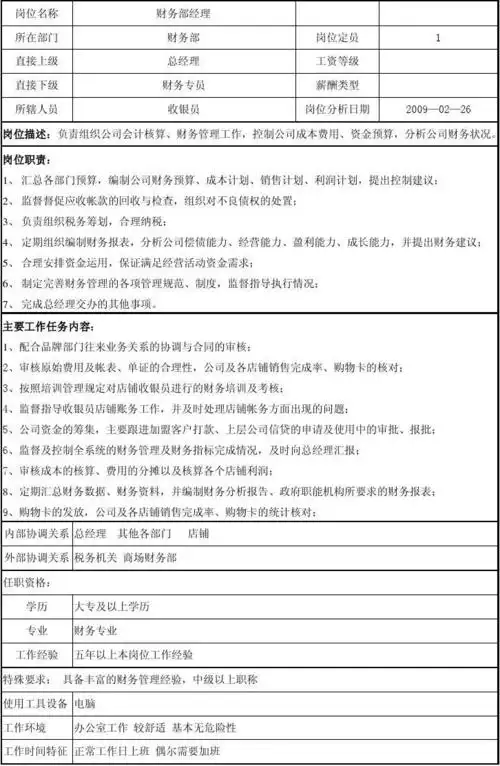 财务部经理岗位说明书_word文档在线阅读与下载_免费文档