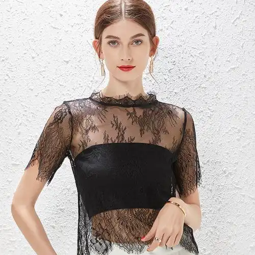 黑色透明蕾丝性感打底衫女短袖薄款洋气镂空透视网纱内搭半袖上衣
