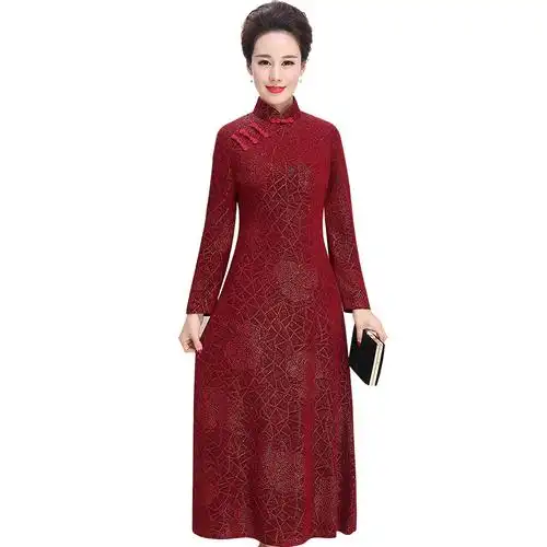 淘宝优惠券 女装 古青2018夏装婚礼妈妈装短袖连衣裙长款喜婆婆旗袍裙