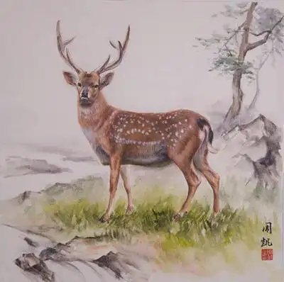 实力派画家 周凯 《梅花鹿》 纸本水彩