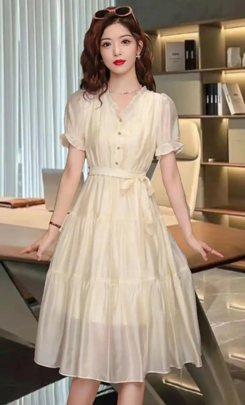 姐妹们～法式v领泡泡袖连衣裙女夏季