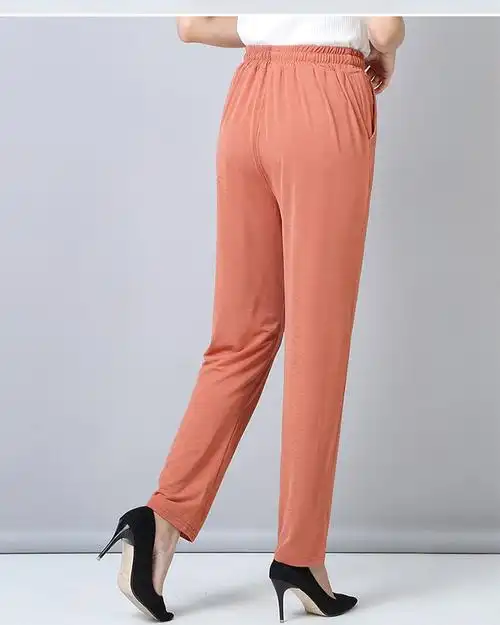 裤子宽松长裤弹力直筒休闲裤妈妈冰丝女裤青绿加桔色2xl体重110130斤