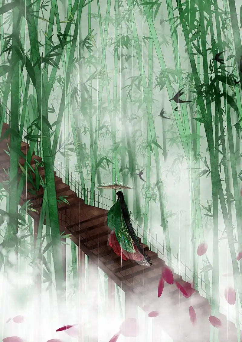 白露集古风写意水彩手绘插画竹林雨