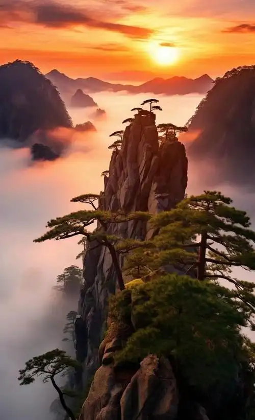 黄山,千峰之巅,万云之间的美丽风景,是大自然的杰作