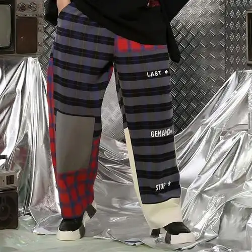 潮流genanx闪电潮牌裤子男潮色格拼接街头嘻哈休闲裤