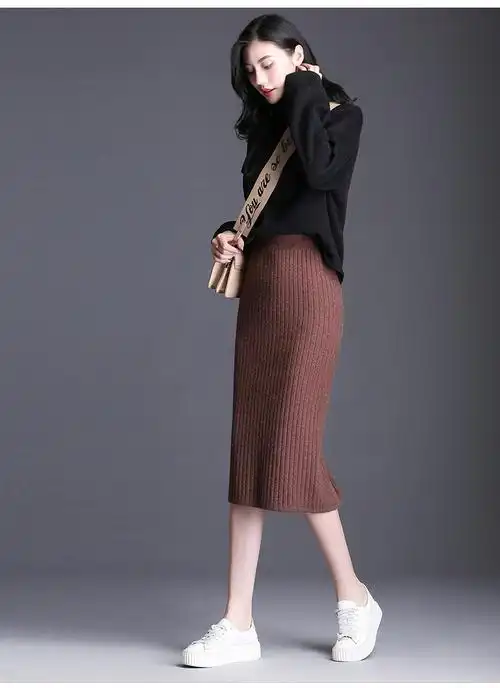 针织半身裙女秋冬季毛线一步裙2018新款中长款开叉显瘦修身包臀裙