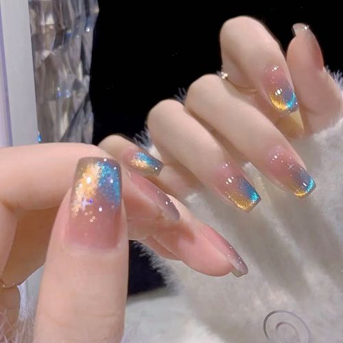 小红书新款动感猫眼双色渐变美甲手工制作成品假指甲可拆卸穿戴甲