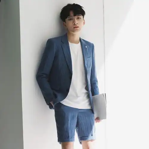 2019春男休闲短裤九分裤西装套装棉麻面料西服两件套两粒扣双开叉