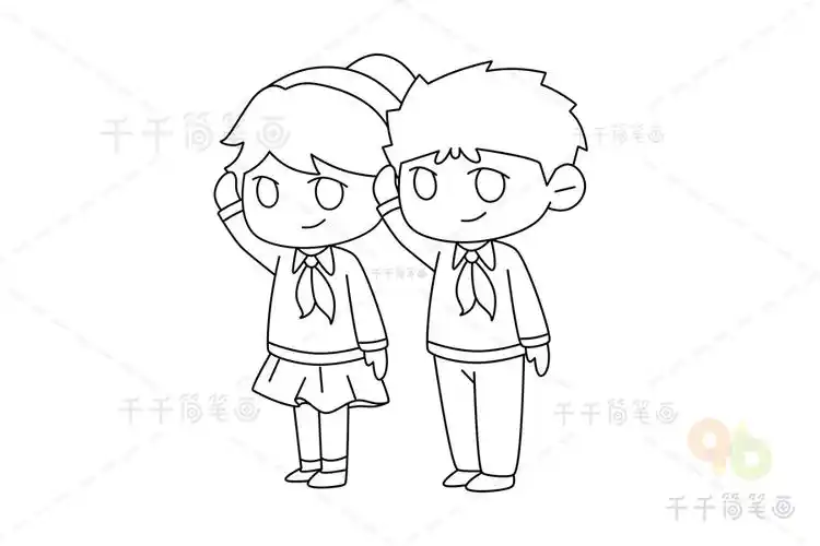 两个孩子敬礼的简笔画_情景故事简笔画