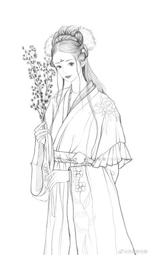 人物线稿黑白动漫素材手绘插画绘画古风
