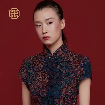 凤禧旗袍短袖秋冬蕾丝复古改良长旗袍裙中式晚宴礼服1754