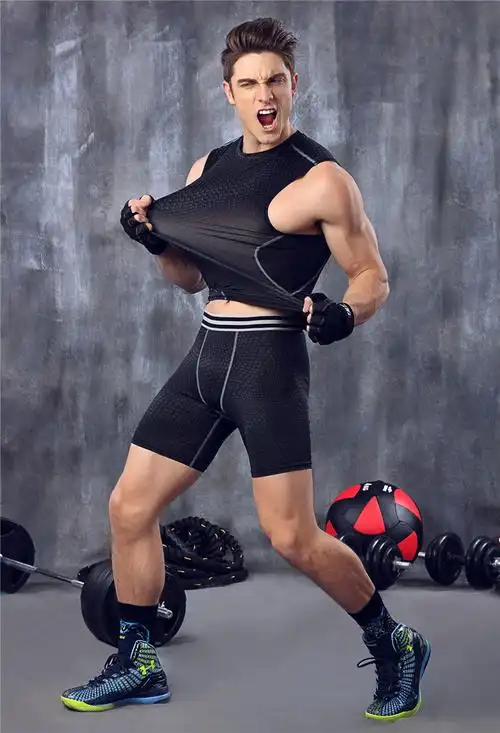 男士跑步健身弹力紧身裤短裤男款透气速干压缩紧身裤五分运动裤 蓝