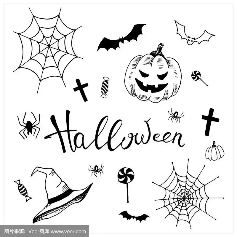万圣节设计系列的简单涂鸦元素.手绘插图.矢量,孤立在白色上.