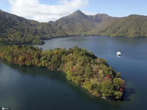 日本栃木县秋意浓 湖心小岛层林尽染