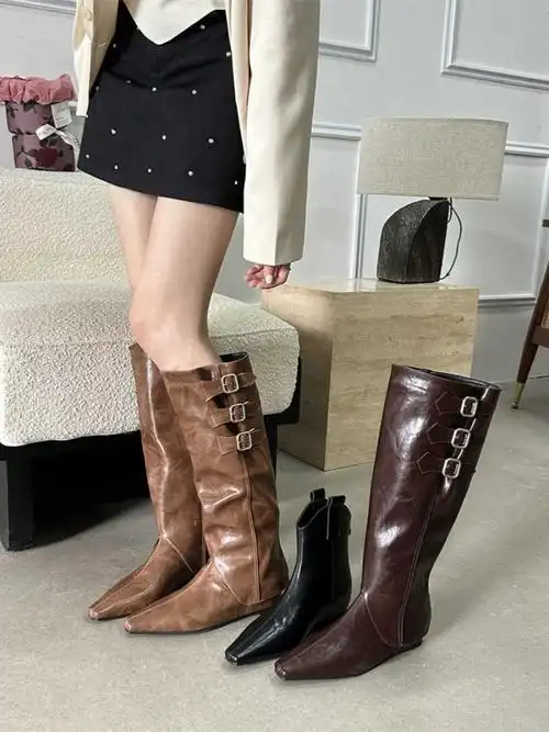2穿可拆卸靴筒2024秋季新款皮带扣尖头内增高中跟短靴高筒长靴女