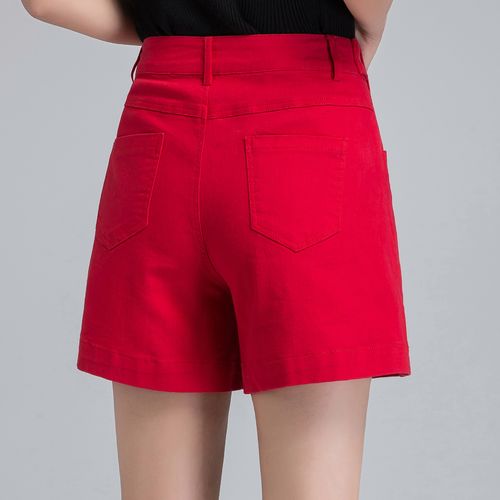 红色牛仔短裤女夏季薄款高腰宽松a字休闲四分五分裤2022新款中裤