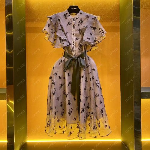 meshone设计款高贵紫飞袖连衣裙女