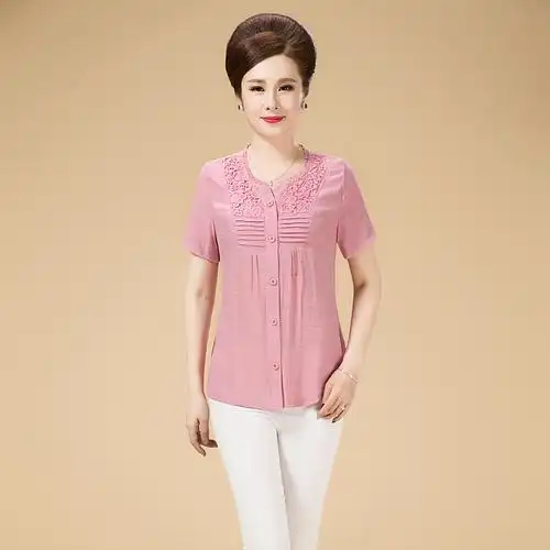 中老年棉麻女装妈妈装夏装纯色上衣服中老年人圆领夏季短袖开衫