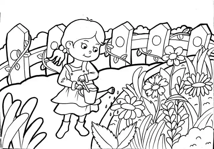 原创马克笔儿童画浇花的小女孩