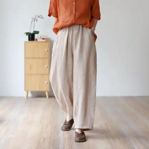 右弦优品亚麻斜纹阔腿夏季新款文艺宽松百搭休闲裤