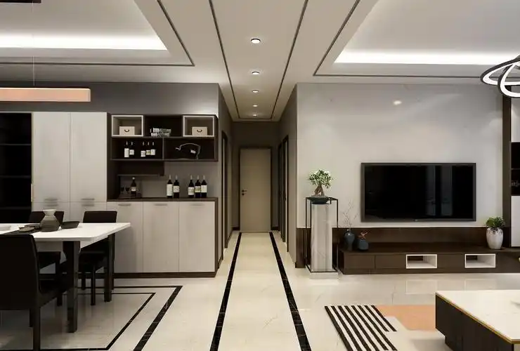 三居室中式客厅装修实景图片欣赏-新中式风格客餐厅走廊过道设计效果