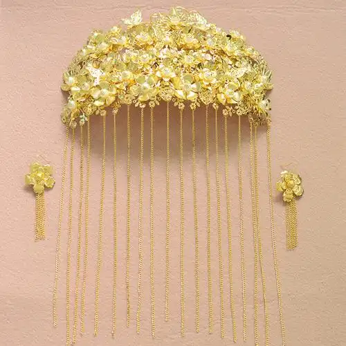 古装新娘头饰秀禾服头饰新娘饰品金色流苏帘复古发饰套装包邮礼盒