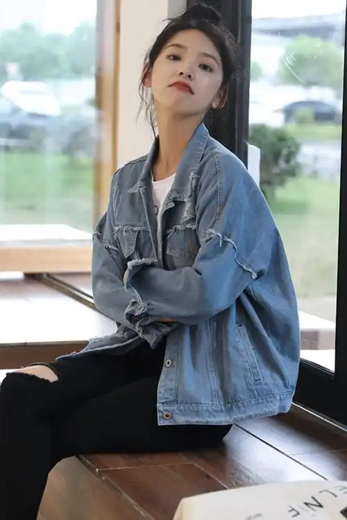 2019年春季新款女装英伦宽松牛仔外套女bf休闲有型毛须边牛仔外套女韩