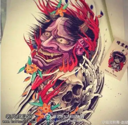 惊悚的般若骷髅纹身图案