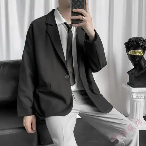 痞帅西服男士春秋款潮流韩版小西装学生休闲ins港风宽松衣服外套灰色s
