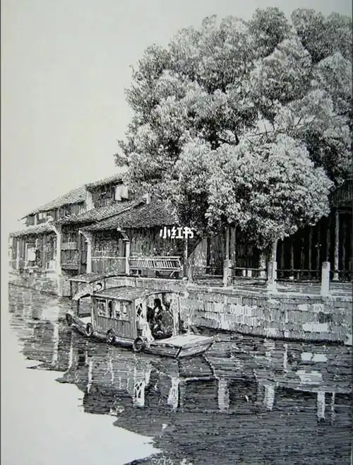 钢笔画江南水乡
