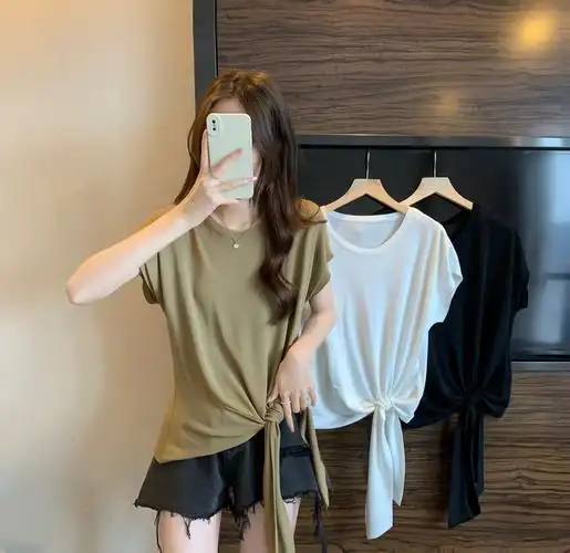 实拍~大码不规则下摆打结短袖t恤女夏季胖mm遮肚显瘦冰丝上衣 - 17网