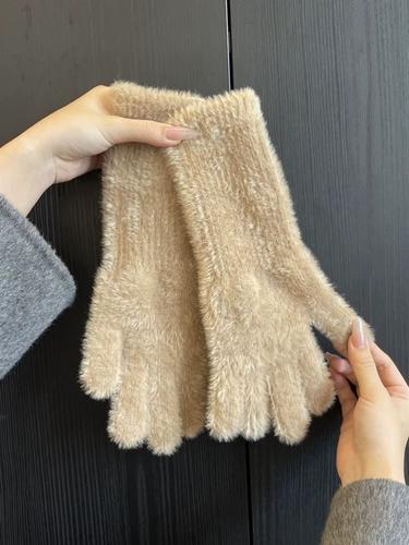 套日系长袖漏指手套可爱兔毛儿软糯毛绒半指手套女加绒保暖秋冬袖