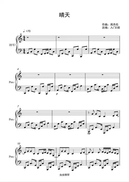 晴天钢琴谱简易版-周杰伦-c调-虫虫钢琴