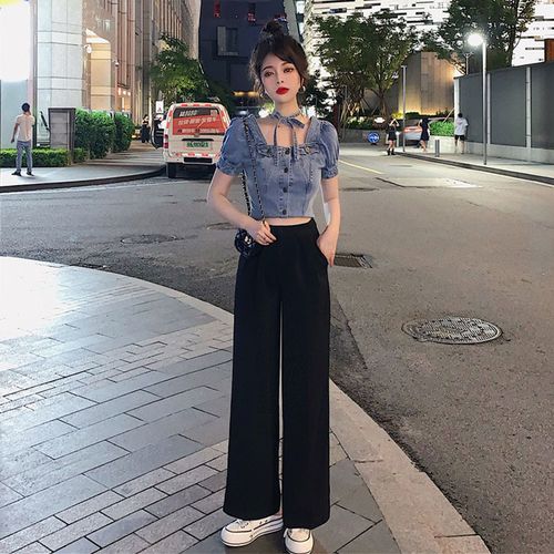 2022夏新款减龄方领泡泡袖短款牛仔上衣女配垂感高腰阔腿裤两件套