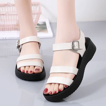 苏奈雪新款女鞋松糕厚底凉鞋女夏季眞皮耐磨防滑学生沙滩鞋米色40