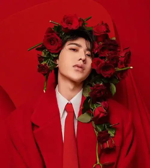 蔡徐坤穿红色西装登封优雅帅气 戴玫瑰花冠气质高贵