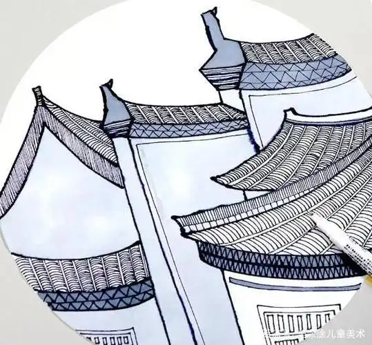 美涂涂美术:7-9岁课件线描教程|秋日古镇美景