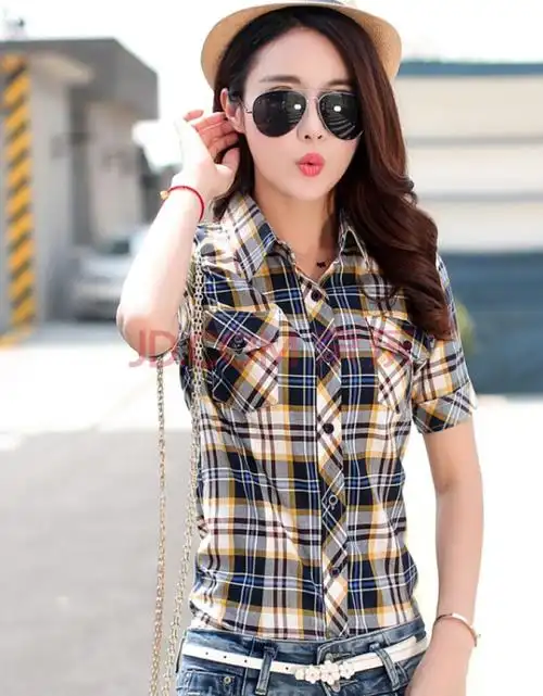 2021夏装新款女装时尚韩版学生格子短袖修身百搭棉质女士短袖衬衫