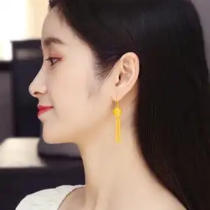 黄金耳环女长款流苏金耳环足金999耳钩绣球金耳钉结婚送礼金首饰