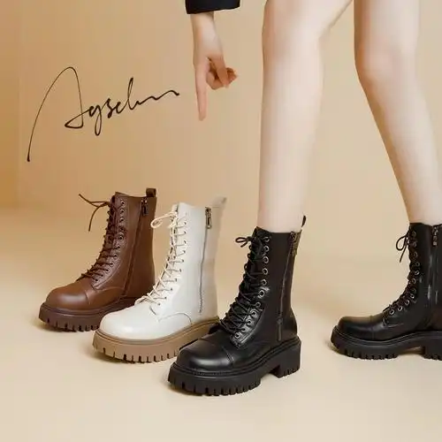 秋季爆黑色机车厚底短靴增高英伦风春夏中筒靴子马丁靴女2023新款