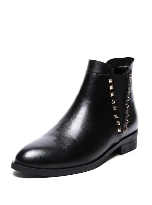 妃萌丝famous妃萌丝牛皮平底铆钉短靴