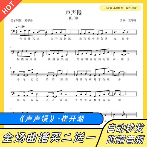 声声慢 大提琴谱 五线谱 电子版 独奏 正谱 崔开潮 c调 附音频