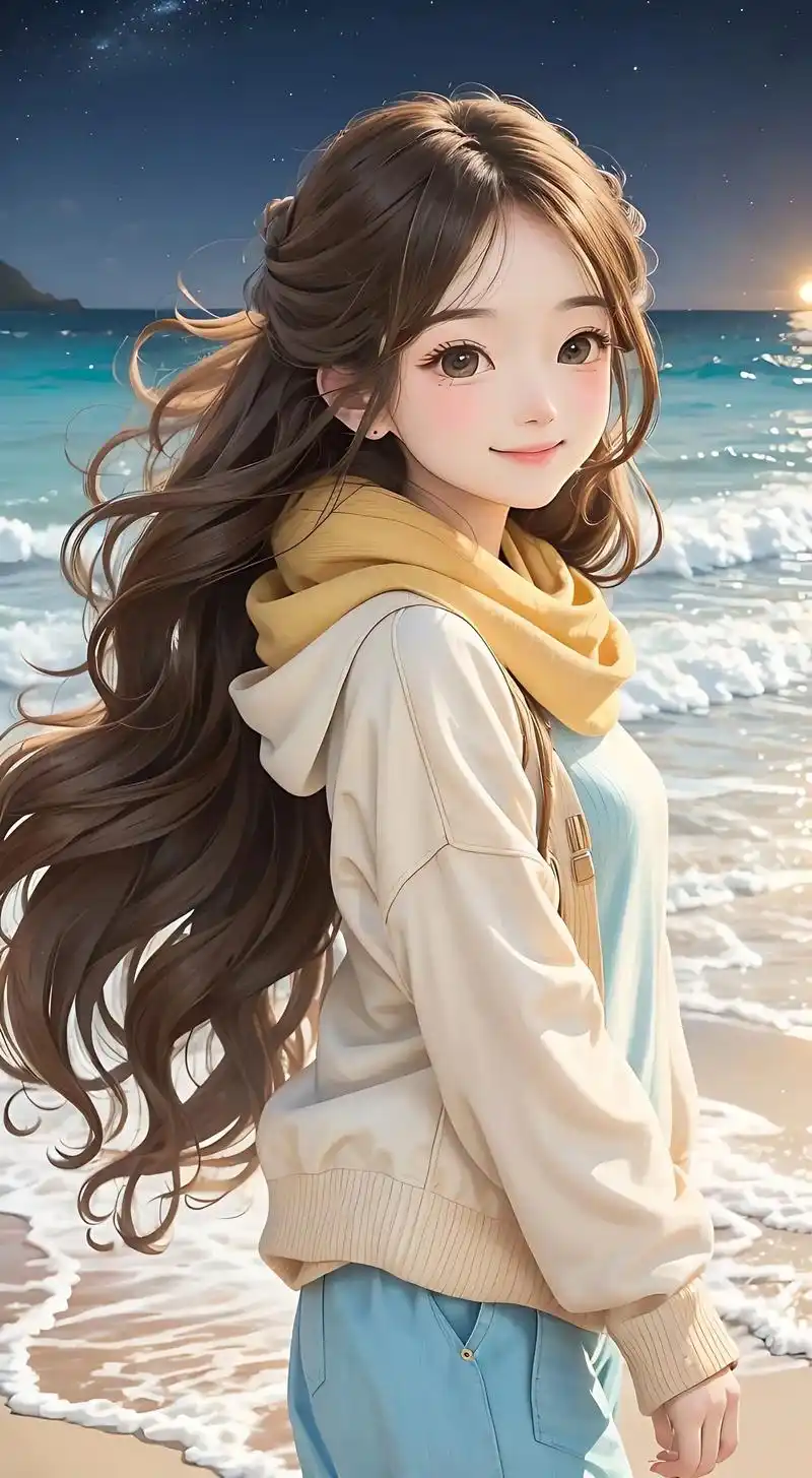 一个甜美的女孩走在海边,吹着海风,长发飘.#欢迎取图 #ai - 抖音