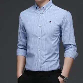 长袖衬衫男2023秋季纯棉休闲竖条纹衬衣百搭款 天蓝色 185【图片 价格