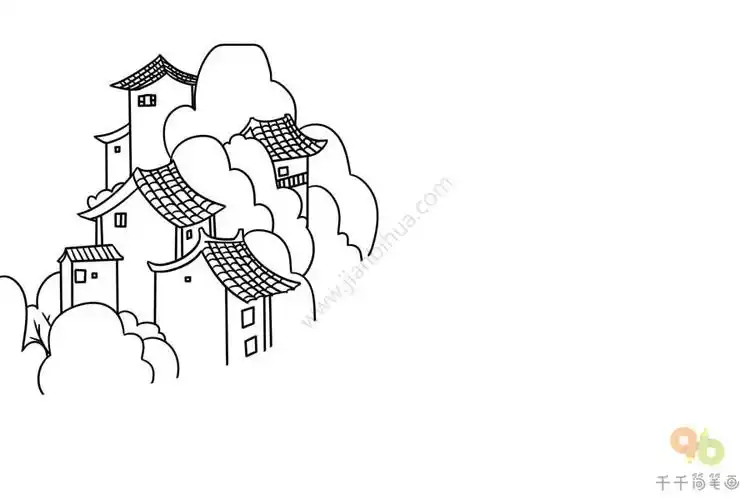 江南水乡古镇简笔画,江南水乡儿童简笔画,江南水乡简笔画教程,江南