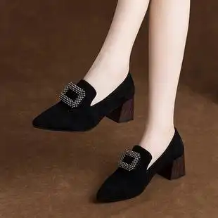 优雅女鞋秋冬季2020新款磨砂尖头粗跟单鞋女时尚保暖中跟妈妈鞋子